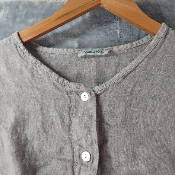 Angela Mara Womens Linen Button Up Summer Top Gray Tie Front Lagenlook Italy - Picture 3 of 10